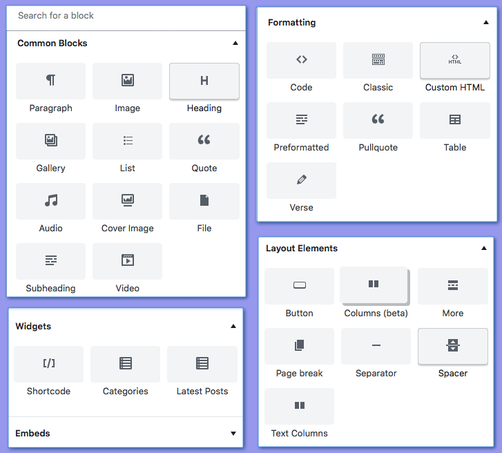 Gutenberg all blocks