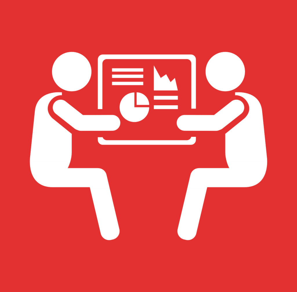 icons of two people sitting in front of a screen with various charts, on a red background.