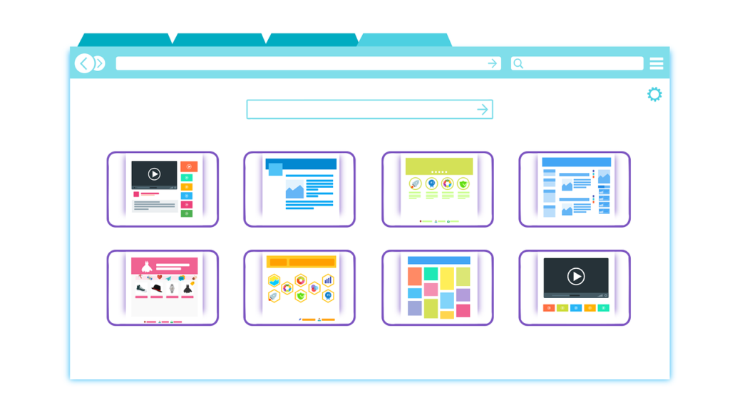 illustrated browser with 8 tabs with different types of web pages