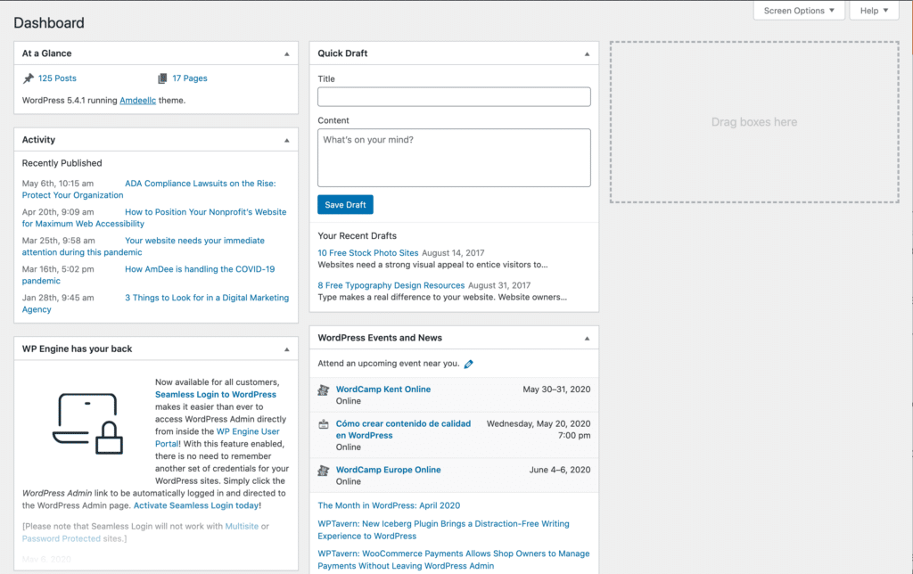 WordPress dashboard default view showing the following 6 sections. In the first column, at a glance, activity, WP Engine has your back. In the second column, quick draft and WordPress Events and News. In the third column, the option to drag boxes here.